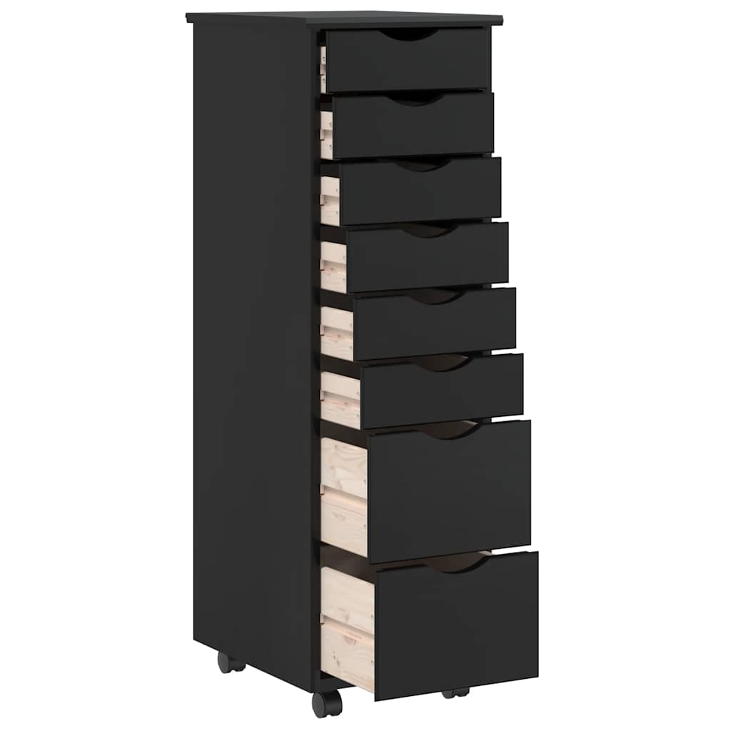 Rolling Cabinet with Drawers "MOSS" Black Solid Wood Pine