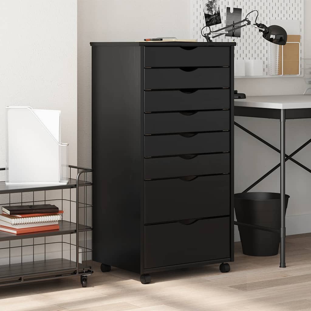 Rolling Cabinet with Drawers MOSS Black Solid Wood Pine