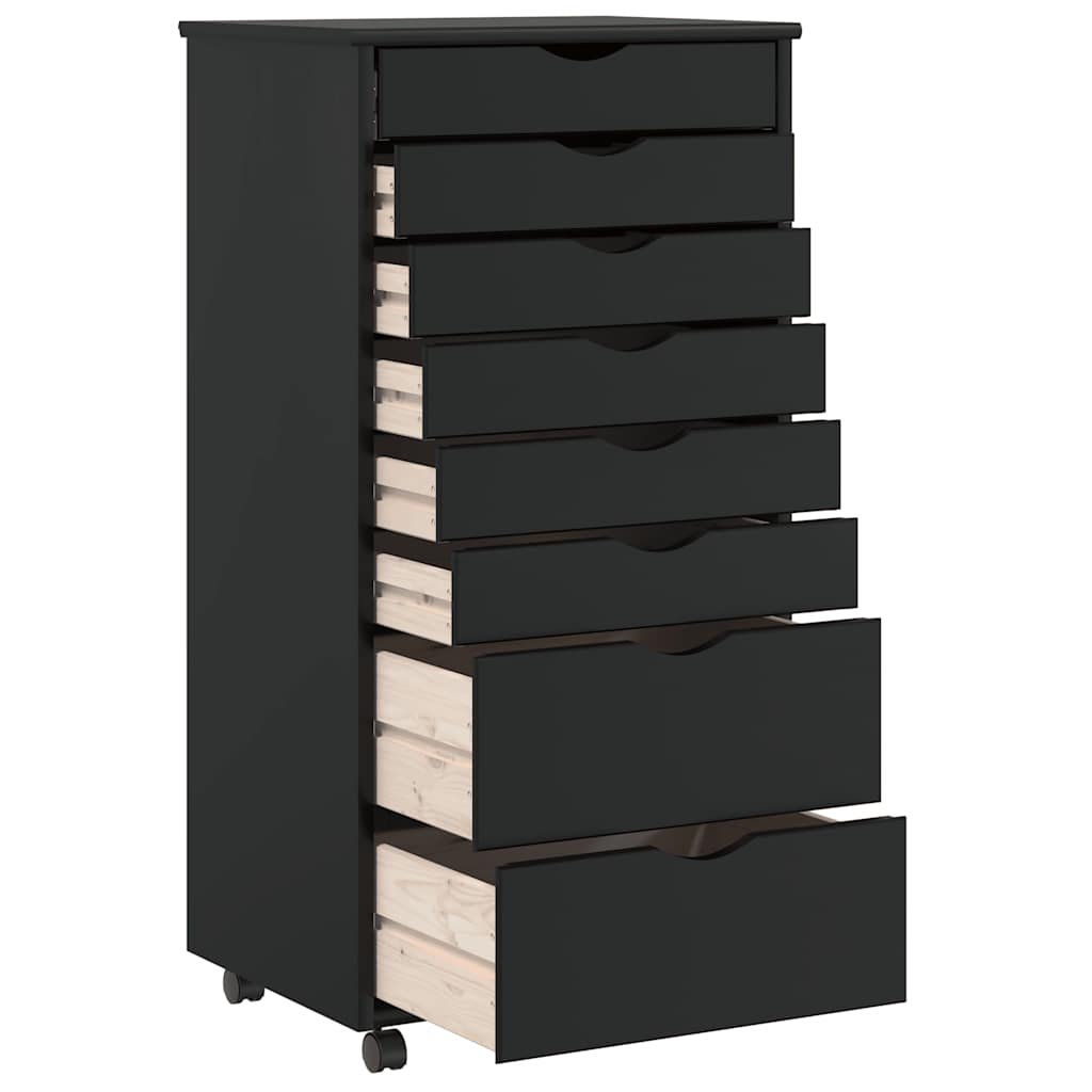 Rolling Cabinet with Drawers MOSS Black Solid Wood Pine
