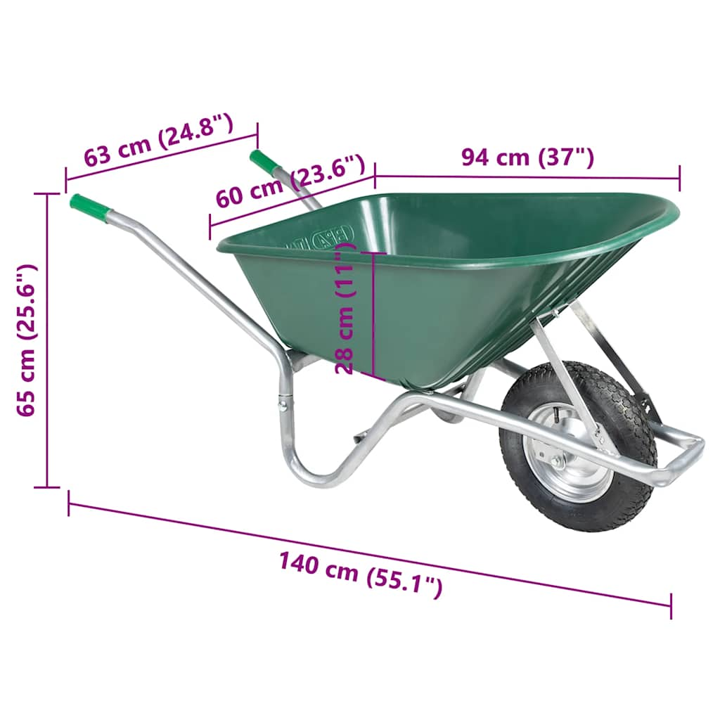 vidaXL Wheelbarrow Green 90 L 150 kg Galvanised Steel and Plastic