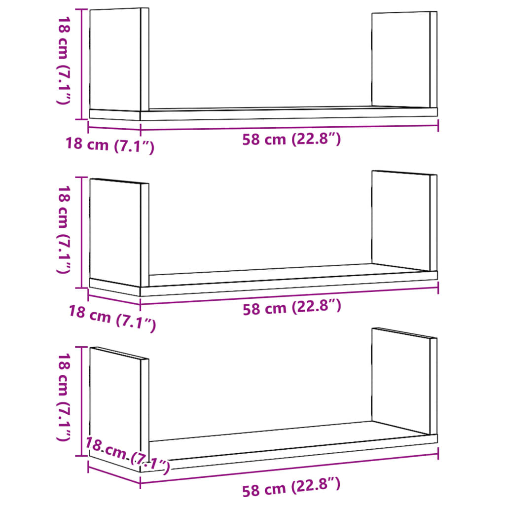 vidaXL Wall Shelves 3 pcs White 58x18x18 cm Engineered Wood