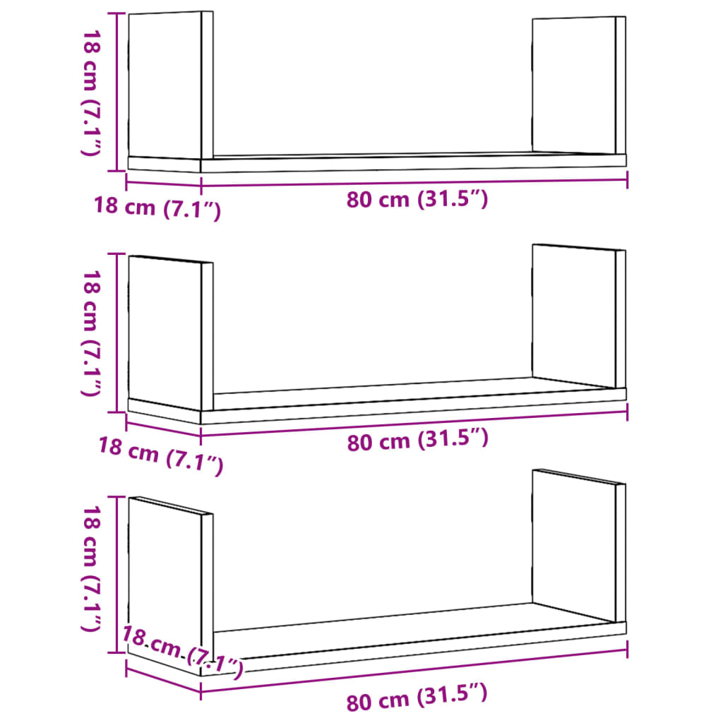 vidaXL Wall Shelves 3 pcs White 80x18x18 cm Engineered Wood