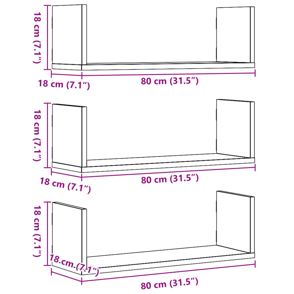 vidaXL Wall Shelves 3 pcs Sonoma Oak 80x18x18 cm Engineered Wood