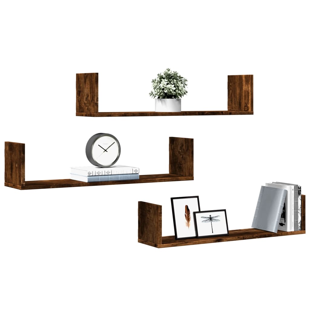 vidaXL Wall Shelves 3 pcs Smoked Oak 80x18x18 cm Engineered Wood