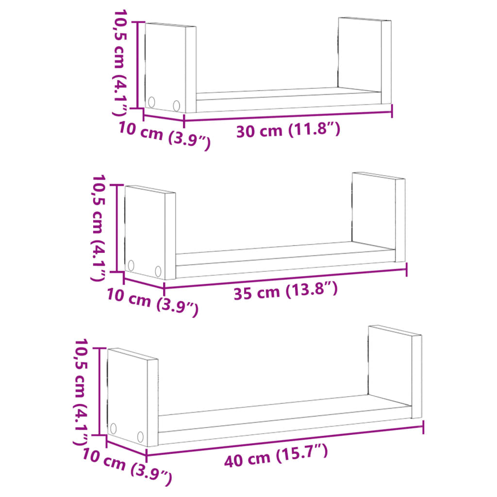 vidaXL Wall Shelf 3 pcs Grey Sonoma Engineered Wood