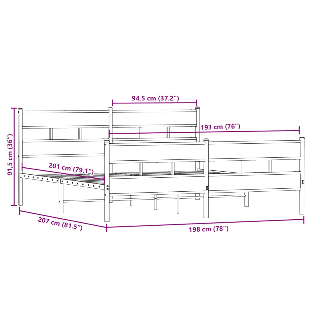 Metal Bed Frame without Mattress Sonoma Oak 193x203 cm