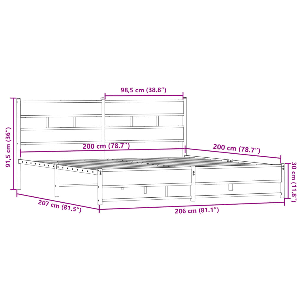 vidaXL Metal Bed Frame without Mattress Smoked Oak 200x200 cm