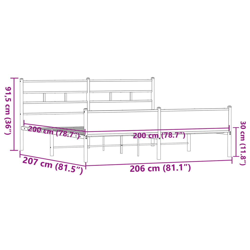 Metal Bed Frame without Mattress Brown Oak 200x200 cm