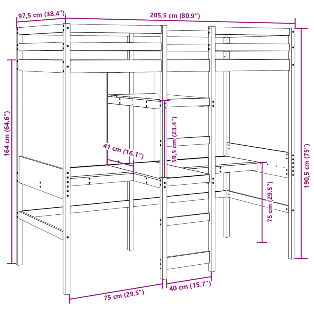 Loft Bed Frame with Desk and Shelves Wax Brown 90x200cm Solid Wood Pine