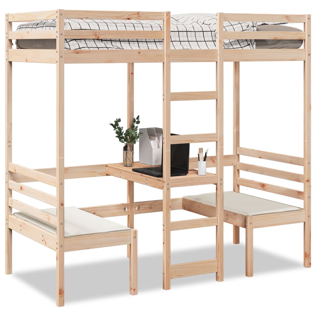 Loft Bed Frame with Desk and Chairs 90x200cm Solid Wood Pine