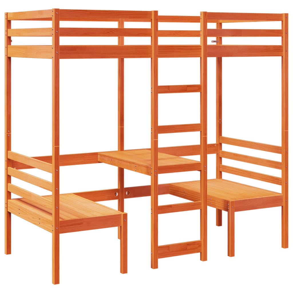 Loft Bed Frame with Desk and Chairs Wax Brown 90x190cm Solid Wood Pine