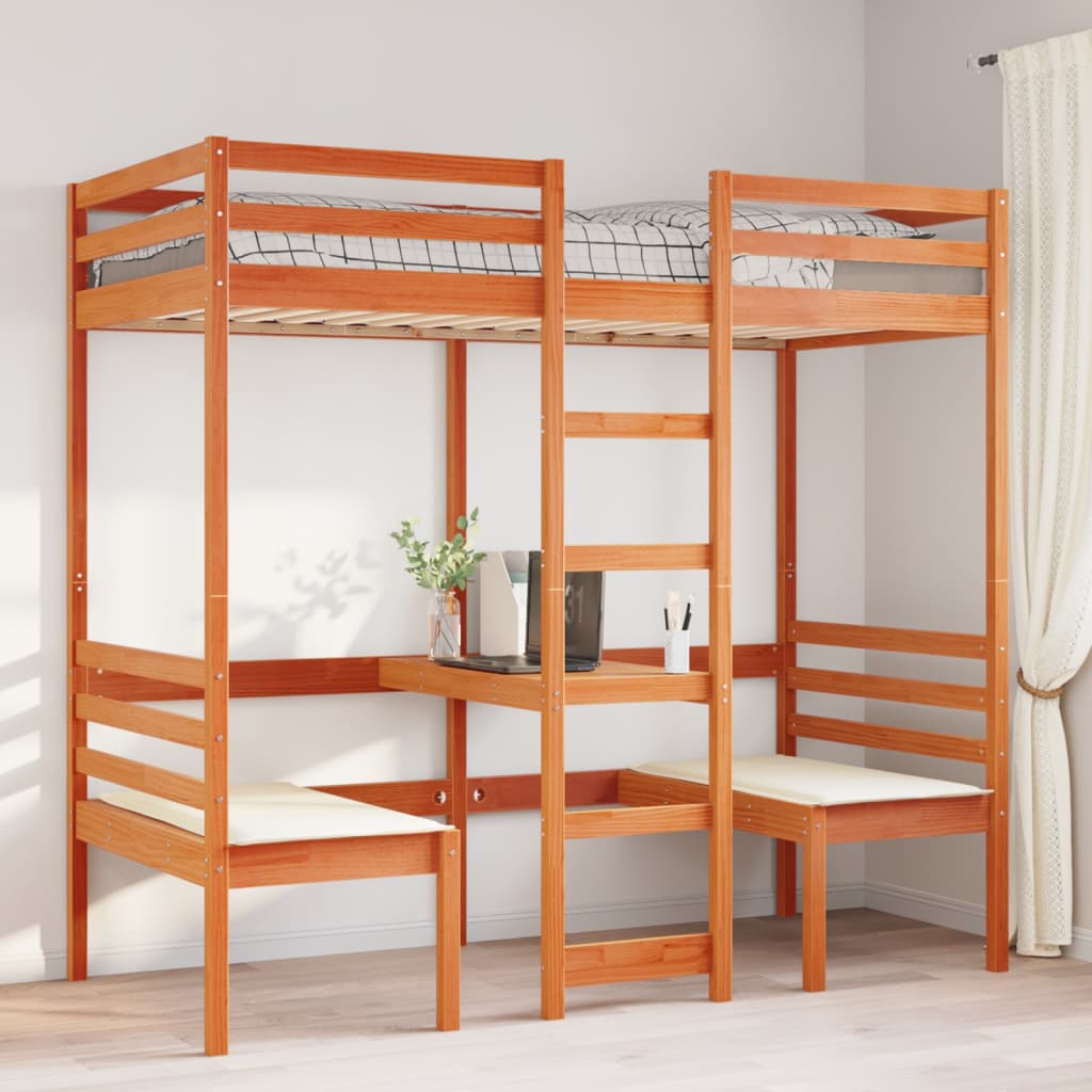 Loft Bed Frame with Desk and Chairs Wax Brown 90x190cm Solid Wood Pine