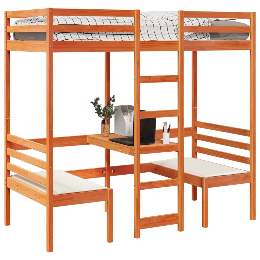 Loft Bed Frame with Desk and Chairs Wax Brown 90x190cm Solid Wood Pine