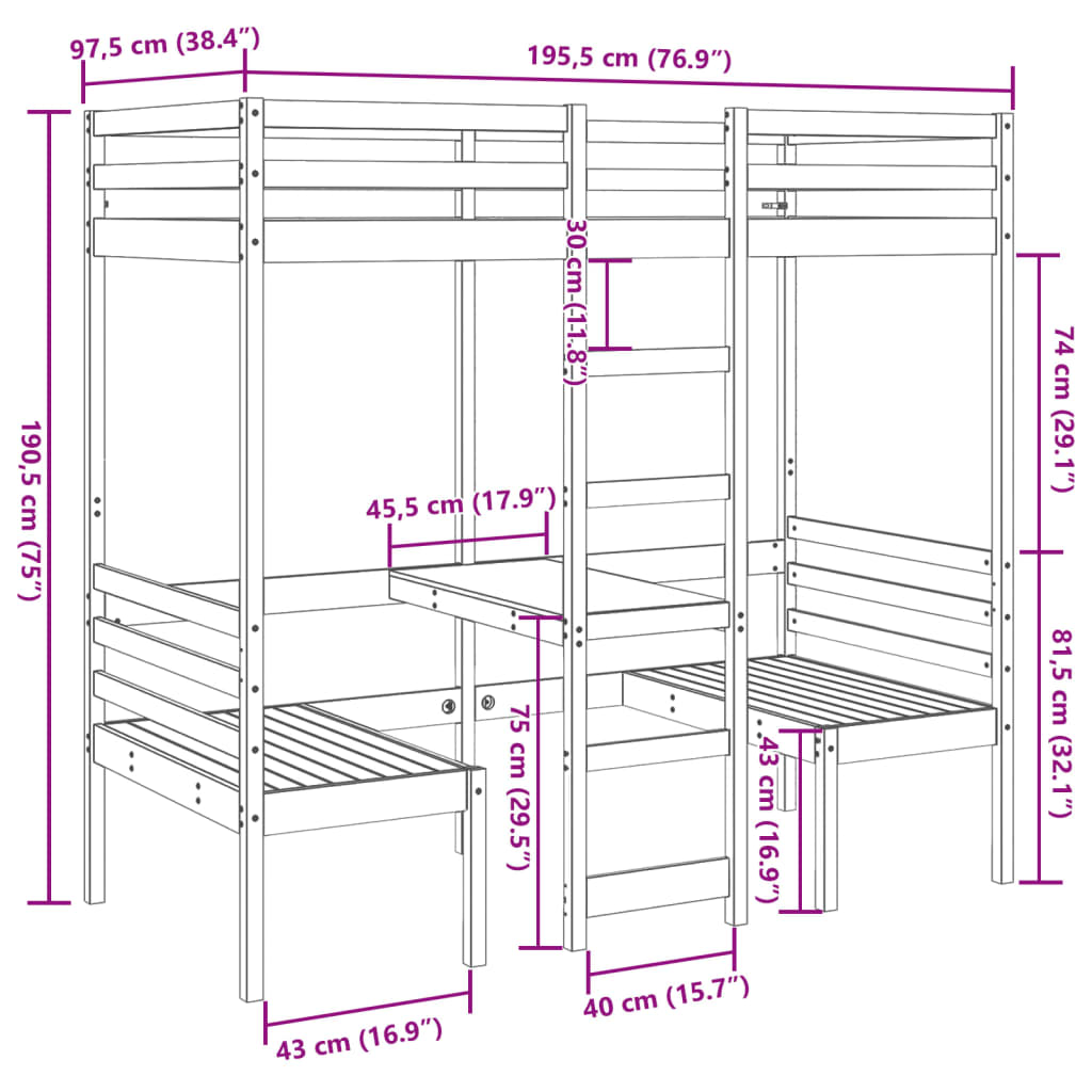 Loft Bed Frame with Desk and Chairs Wax Brown 90x190cm Solid Wood Pine