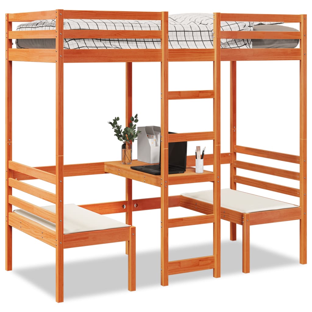 Loft Bed Frame with Desk and Chairs Wax Brown 90x190cm Solid Wood Pine