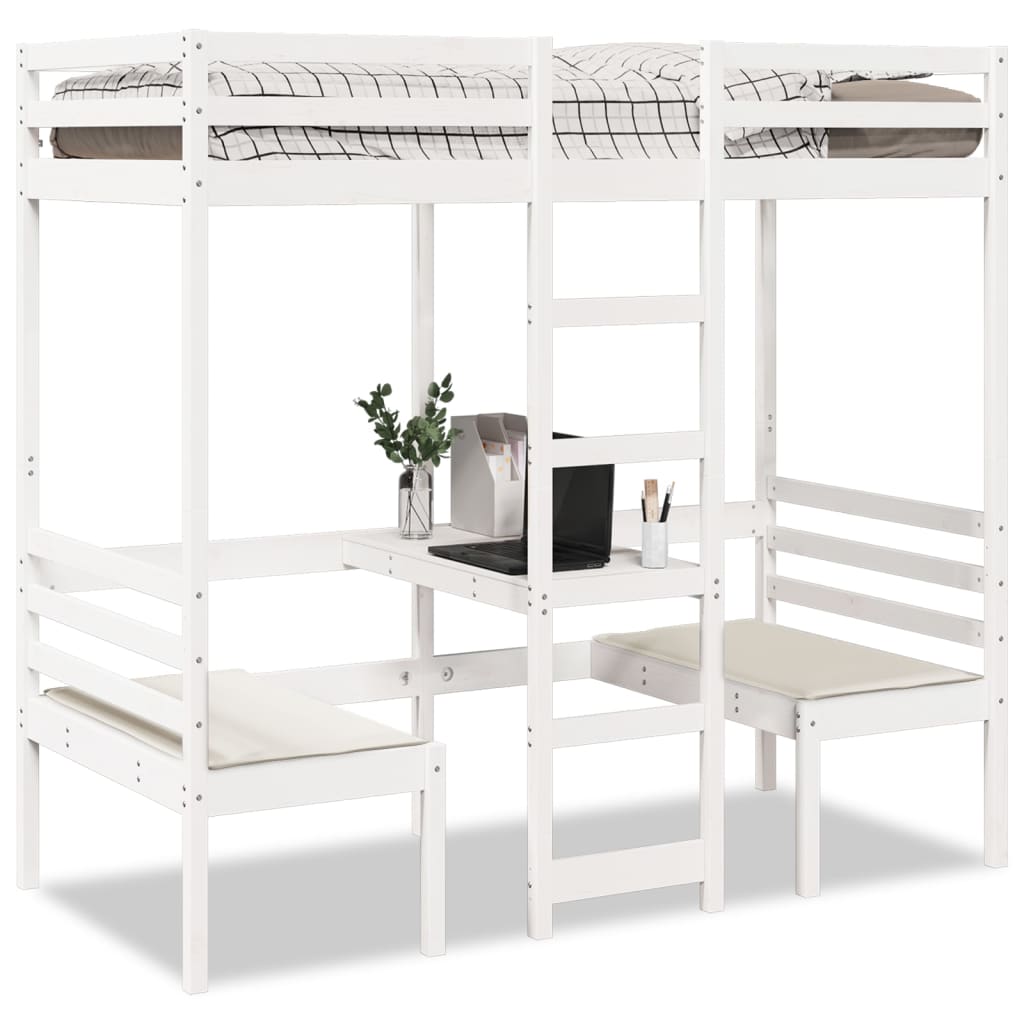 Loft Bed Frame with Desk and Chairs White 75x190cm Solid Wood Pine