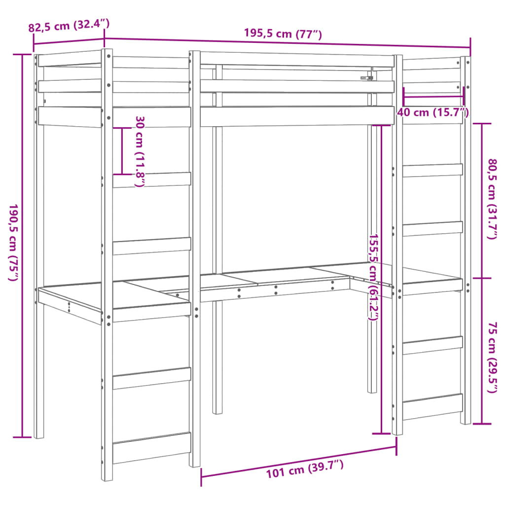 Loft Bed Frame without Mattress Wax Brown 75x190 cm Small Single Solid Wood Pine