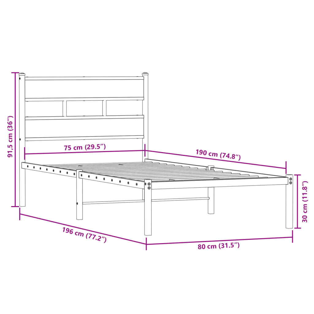 vidaXL Metal Bed Frame without Mattress Smoked Oak 75x190 cm Small Single