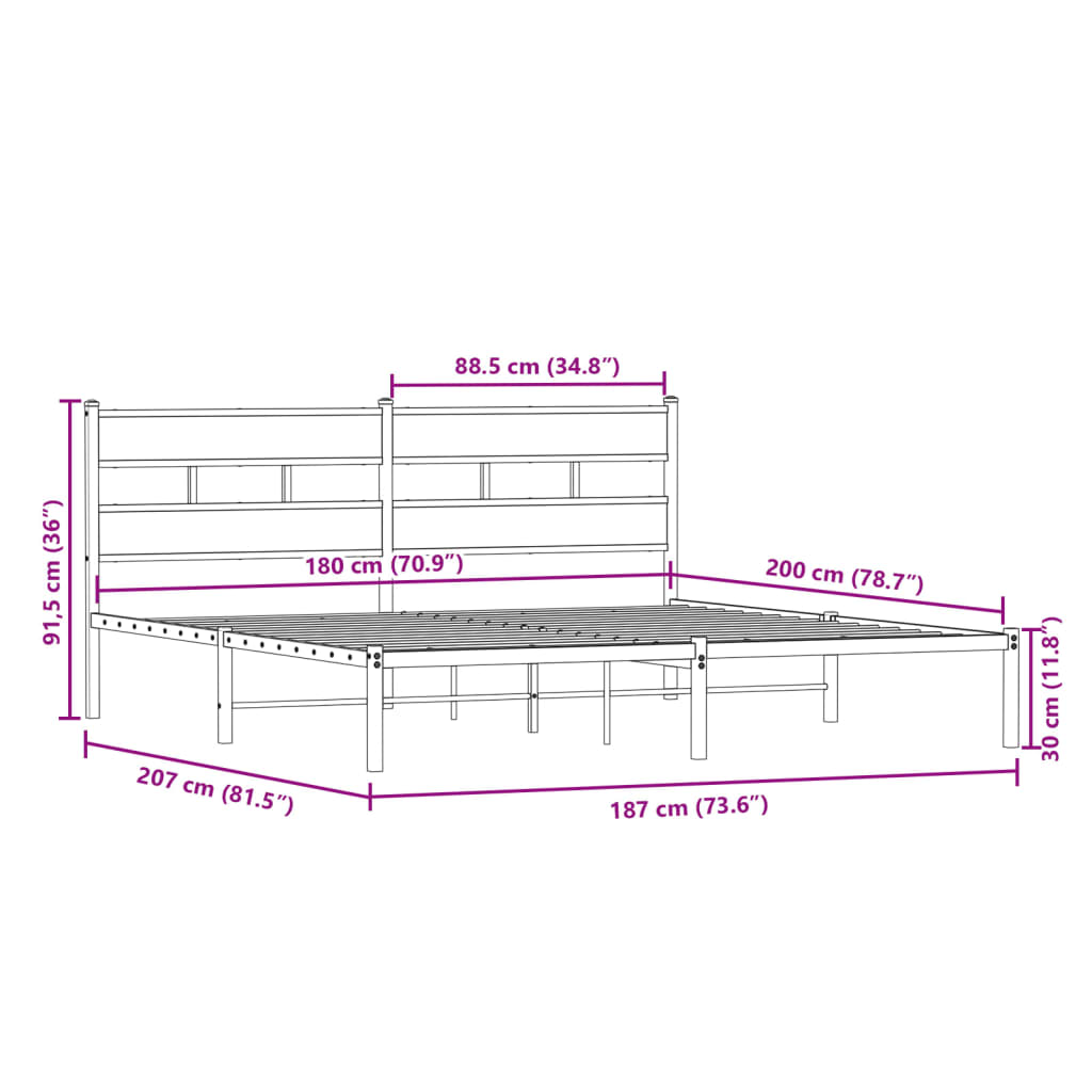 vidaXL Metal Bed Frame without Mattress Smoked Oak 180x200 cm Super King