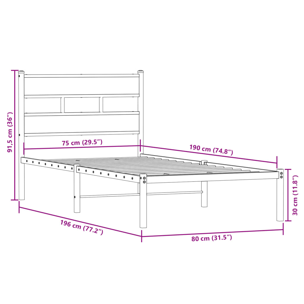 vidaXL Metal Bed Frame without Mattress Sonoma Oak 75x190 cm Small Single