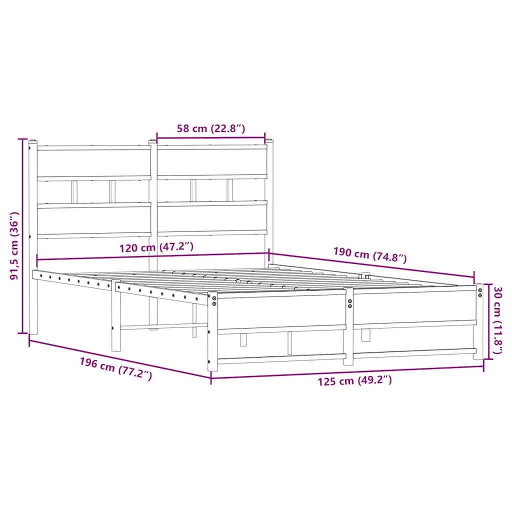 Metal Bed Frame without Mattress Smoked Oak 120x190 cm Small Double