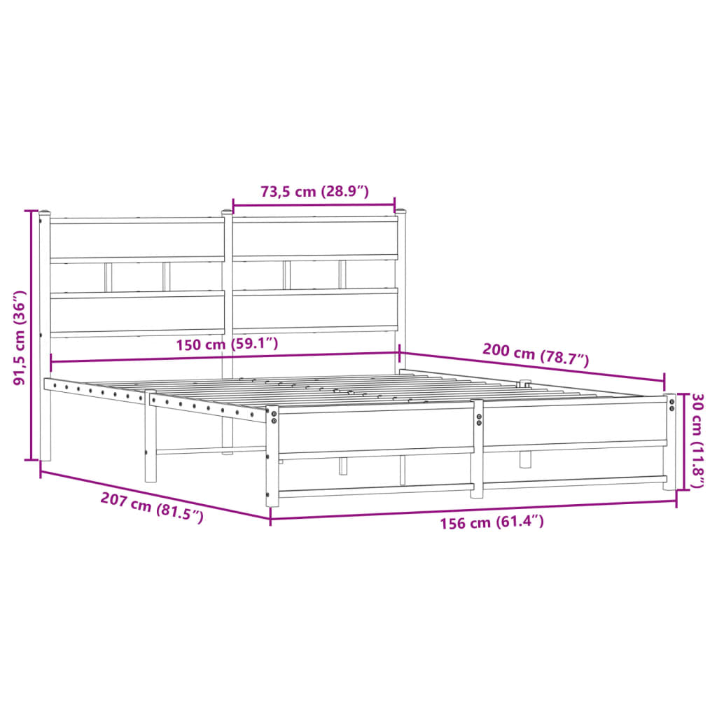 Metal Bed Frame without Mattress Smoked Oak 150x200 cm King Size