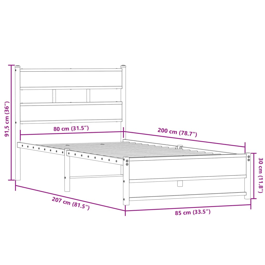 vidaXL Metal Bed Frame without Mattress Sonoma Oak 80x200 cm