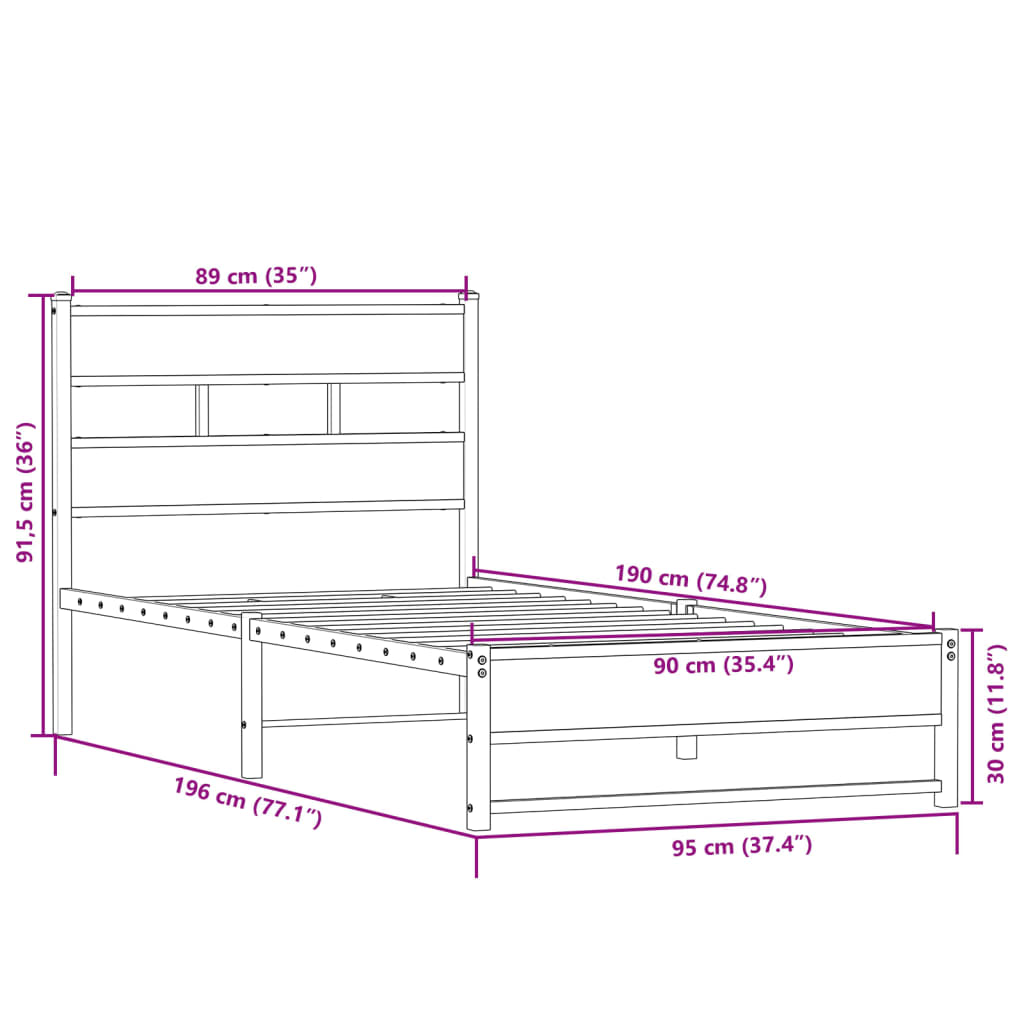 vidaXL Metal Bed Frame without Mattress Sonoma Oak 90x190 cm Single