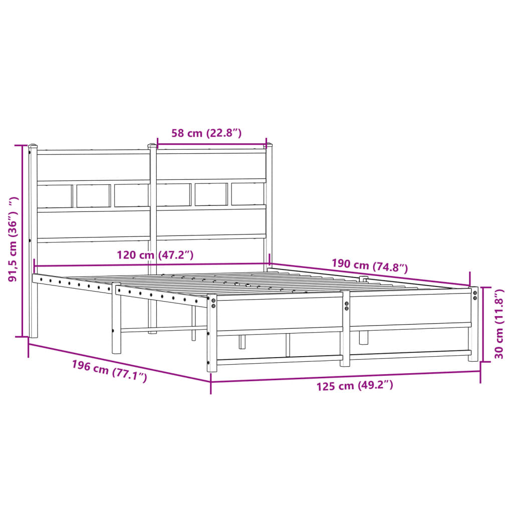 vidaXL Metal Bed Frame without Mattress Sonoma Oak 120x190 cm Small Double