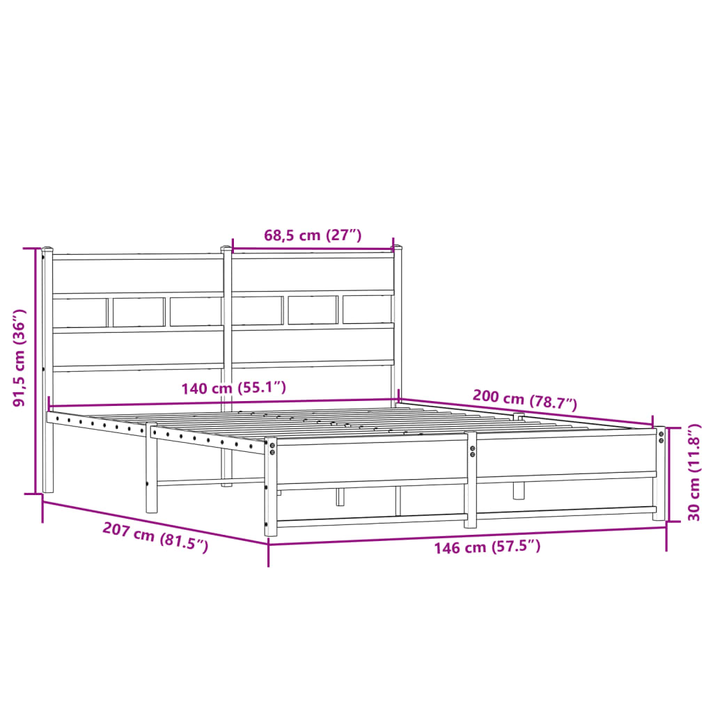 vidaXL Metal Bed Frame without Mattress Sonoma Oak 140x200 cm