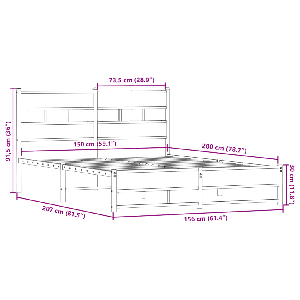 vidaXL Metal Bed Frame without Mattress Sonoma Oak 150x200 cm King Size