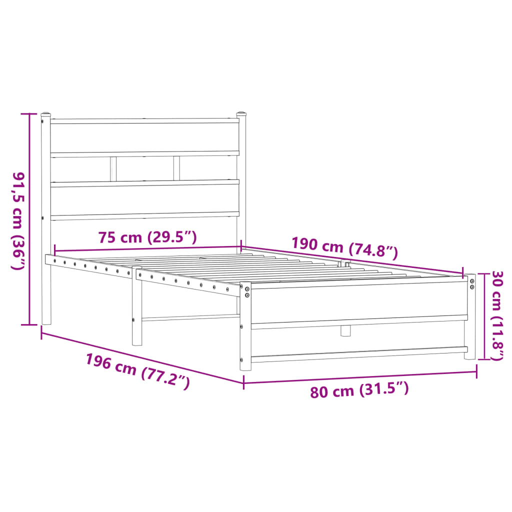 Metal Bed Frame without Mattress Brown Oak 75x190 cm Small Single