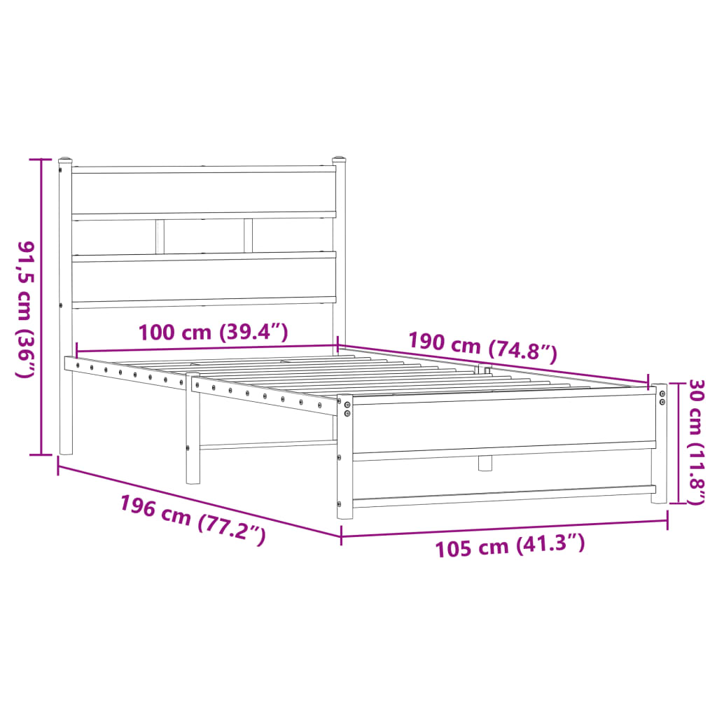 vidaXL Metal Bed Frame without Mattress Brown Oak 100x190 cm