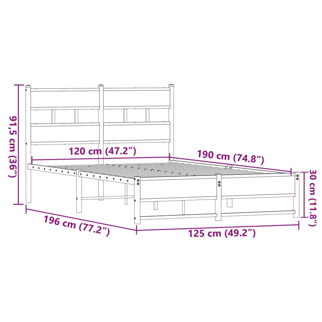 vidaXL Metal Bed Frame without Mattress Brown Oak 120x190 cm Small Double