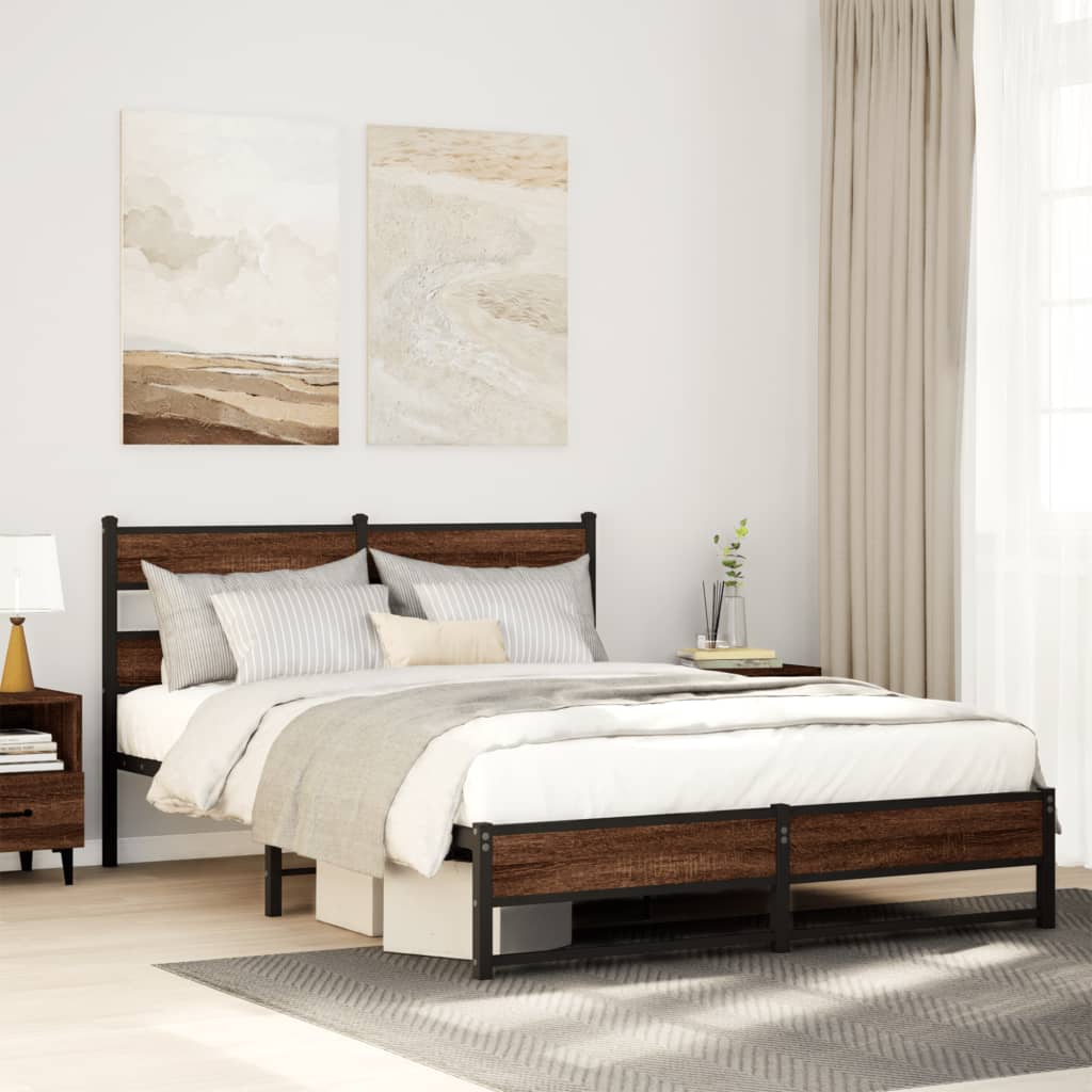 vidaXL Metal Bed Frame without Mattress Brown Oak 135x190 cm Double