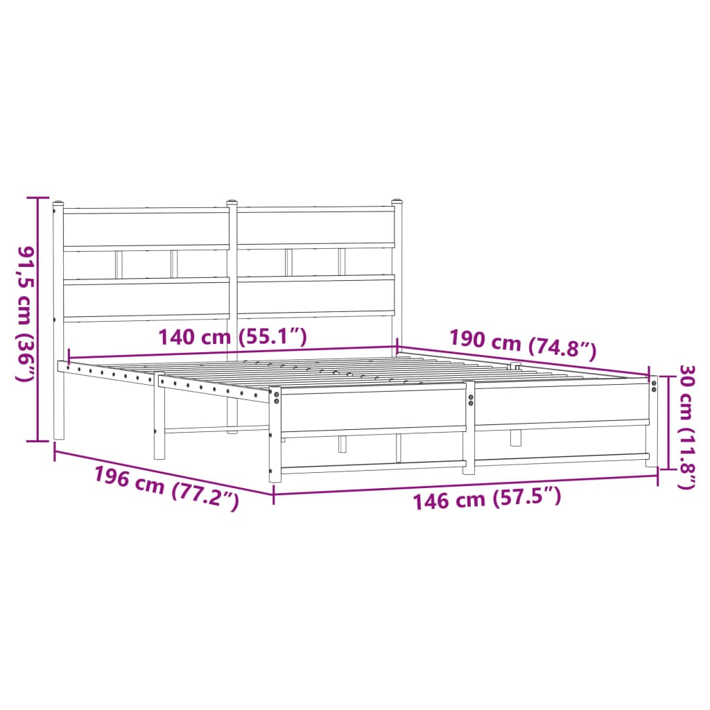 vidaXL Metal Bed Frame without Mattress Brown Oak 140x190 cm