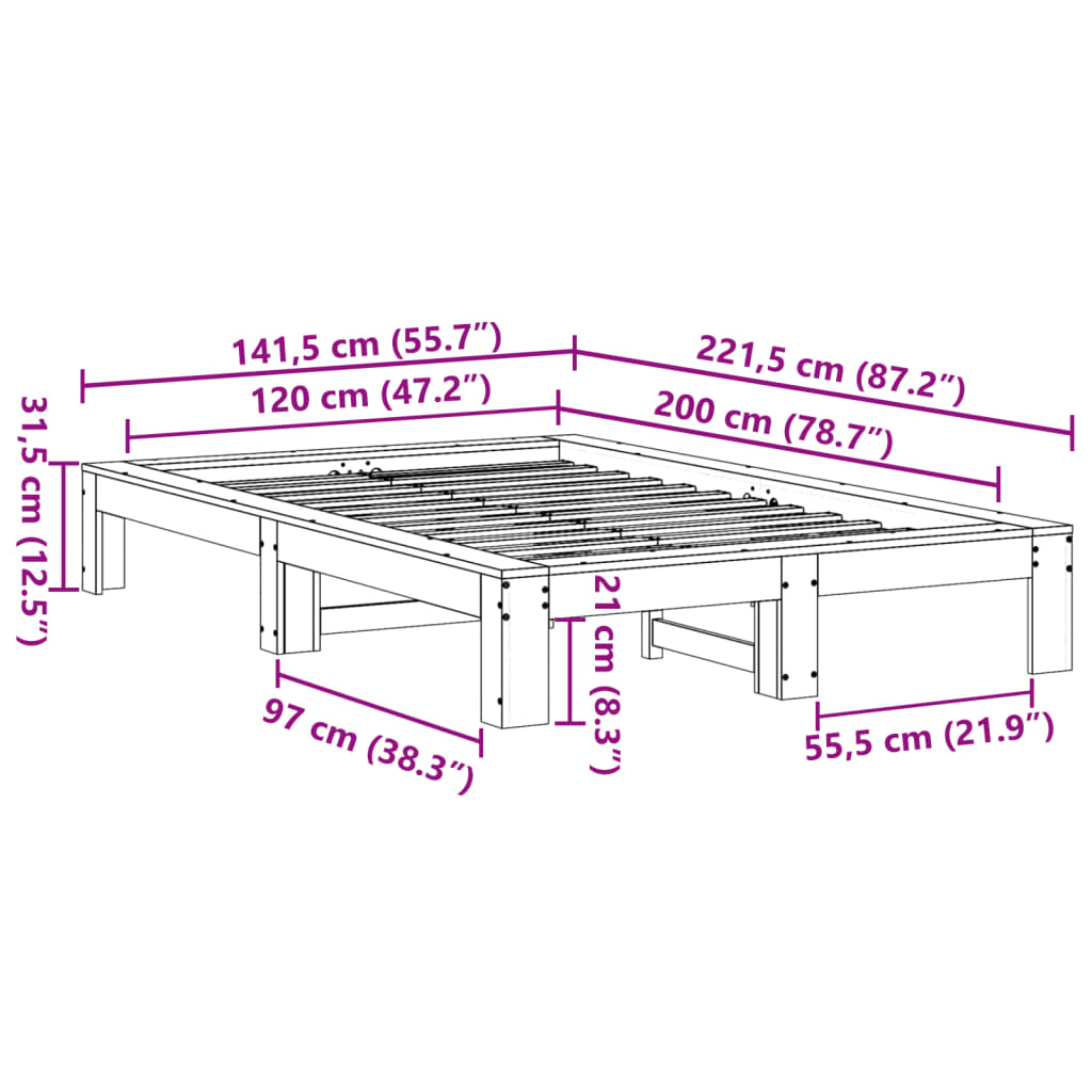 Bed Frame without Mattress 120x200 cm Solid Wood Pine