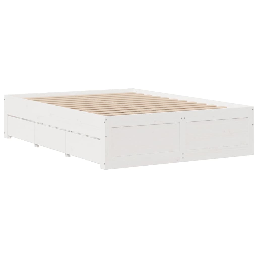 Bed Frame without Mattress with Drawers White 150x200 cm King Size Solid Wood Pine
