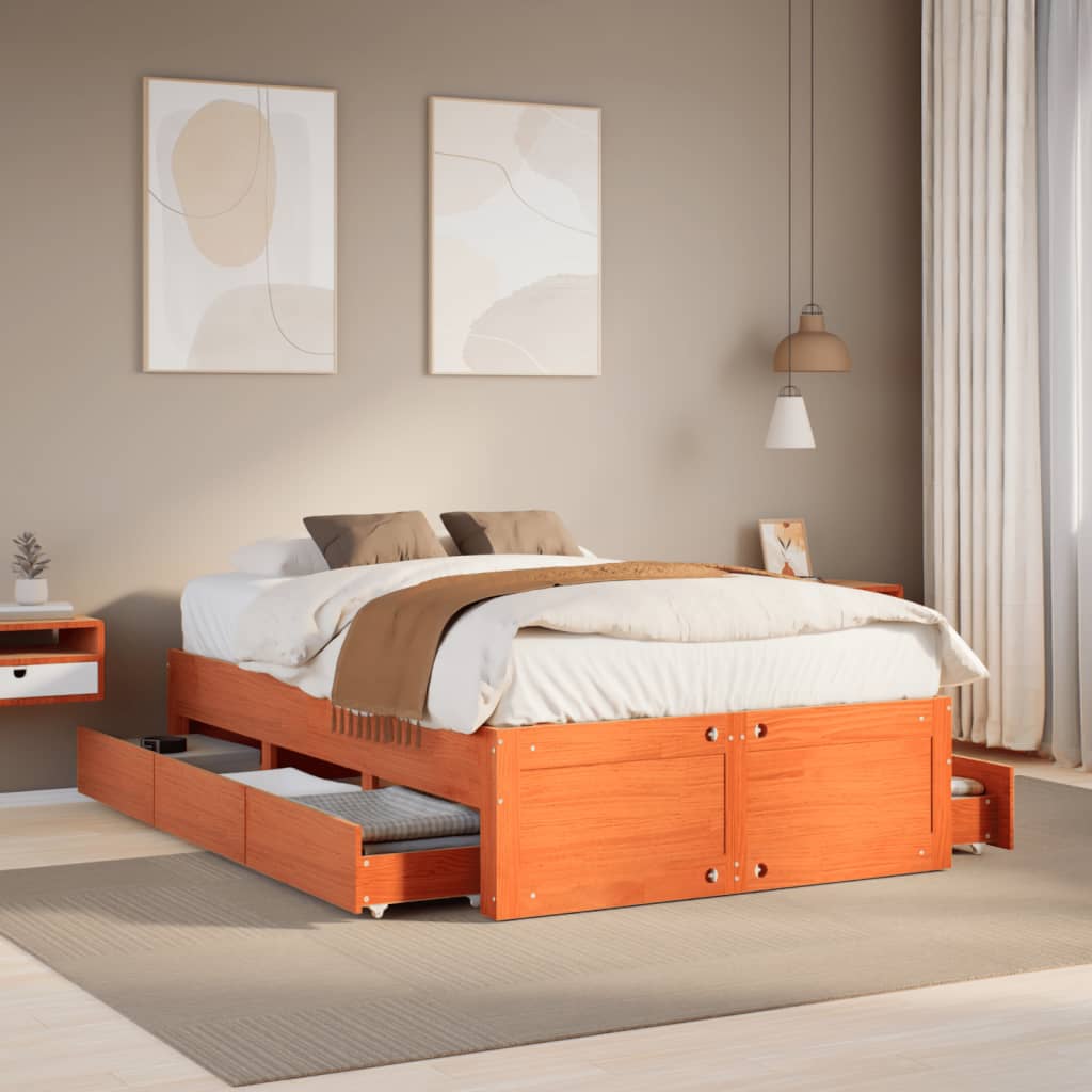 Bed Frame without Mattress with Drawers Wax Brown 120x200 cm Solid Wood Pine