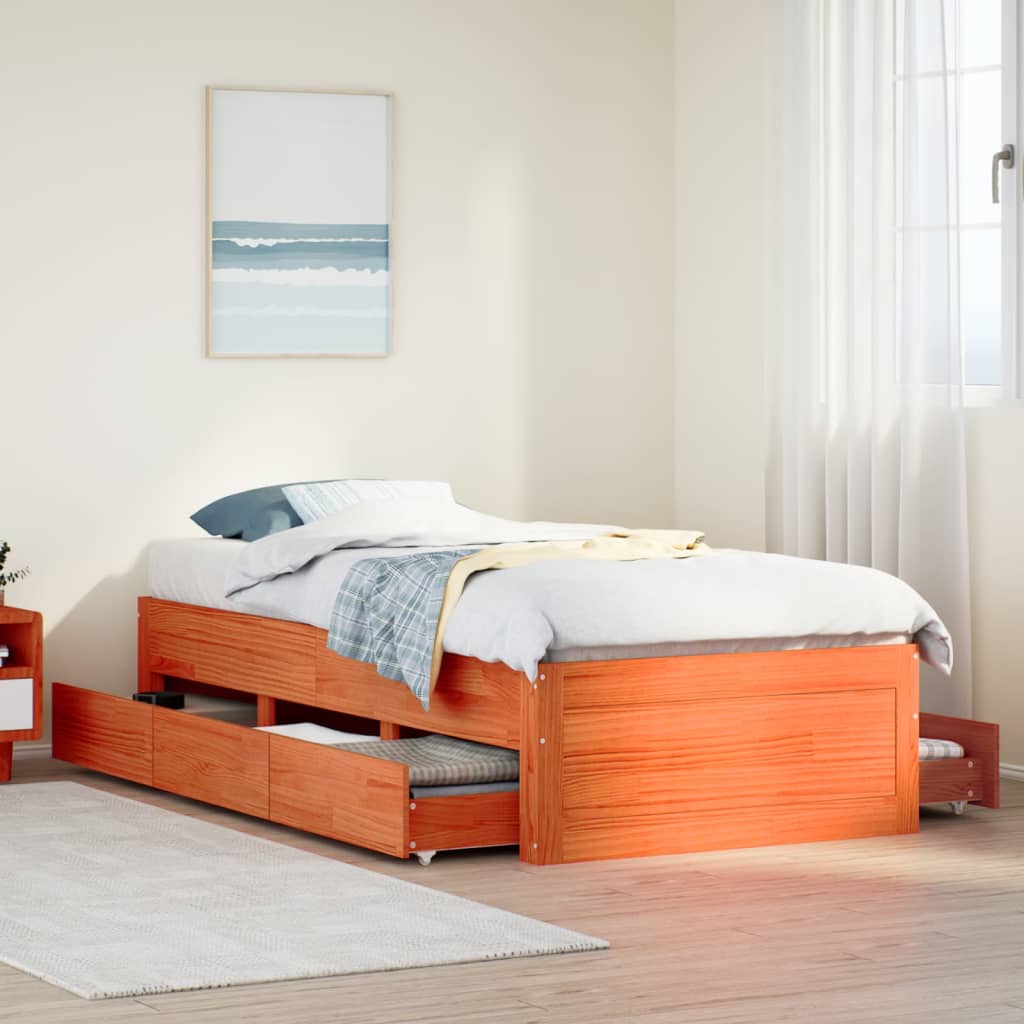Bed Frame without Mattress with Drawers Wax Brown 90x200 cm Solid Wood Pine