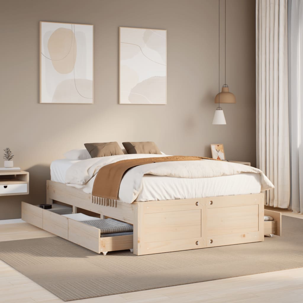 Bed Frame without Mattress with Drawers 135x190 cm Double Solid Wood Pine