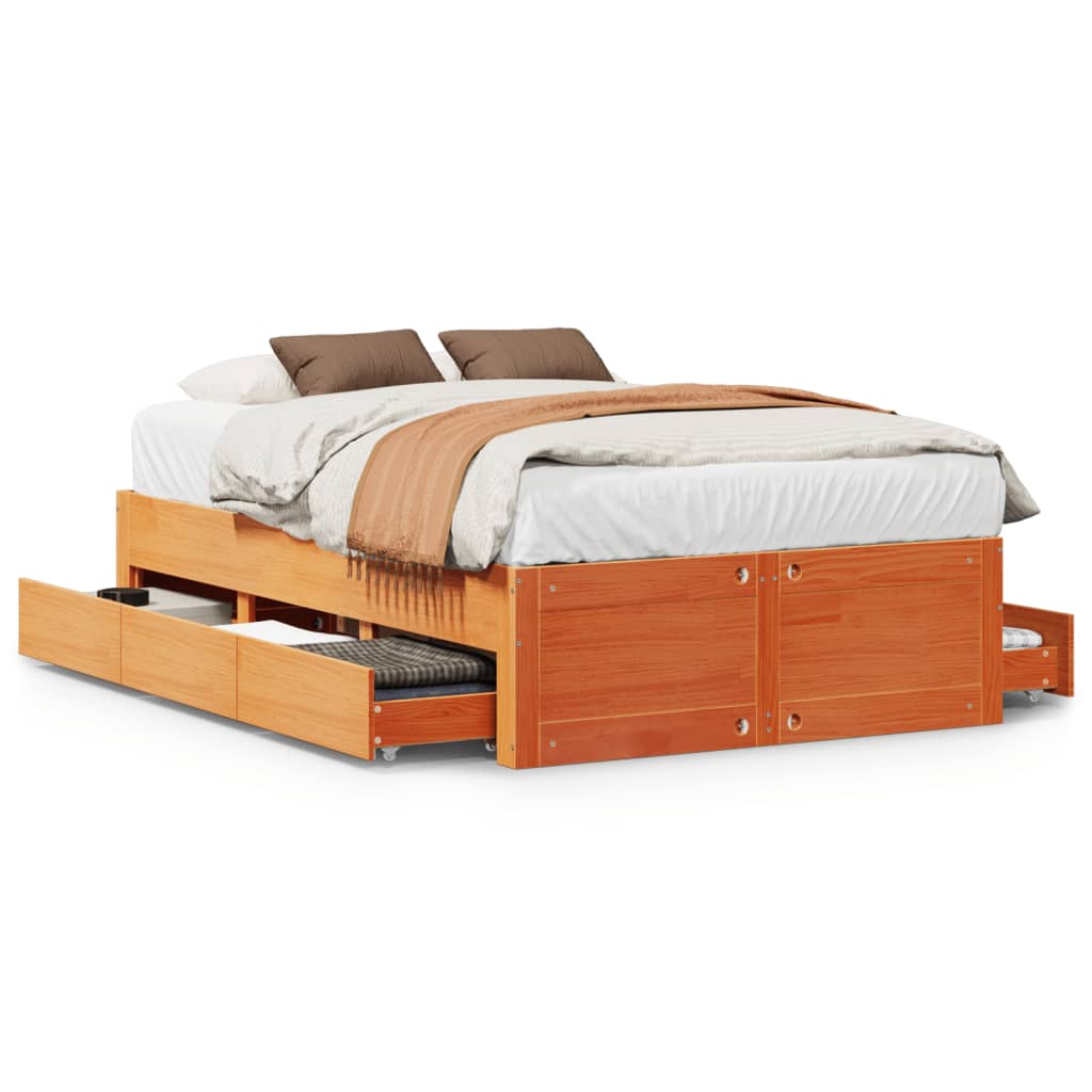 Bed Frame without Mattress with Drawers Wax Brown 135x190 cm Double Solid Wood Pine