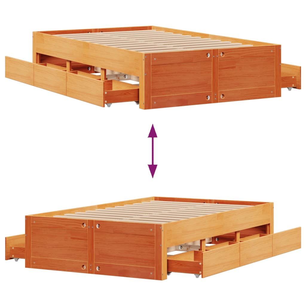 Bed Frame without Mattress with Drawers Wax Brown 120x190 cm Small Double Solid Wood Pine