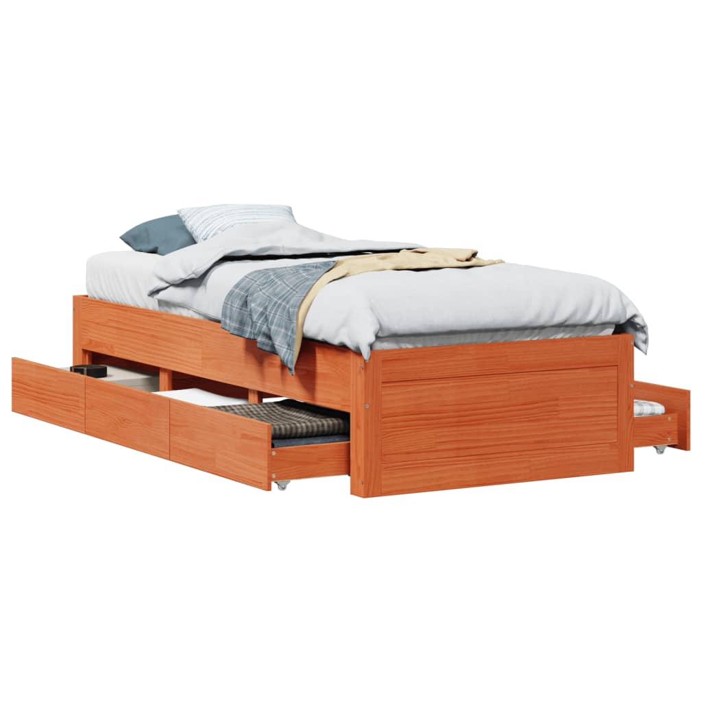 Bed Frame without Mattress with Drawers Wax Brown 75x190 cm Small Single Solid Wood Pine