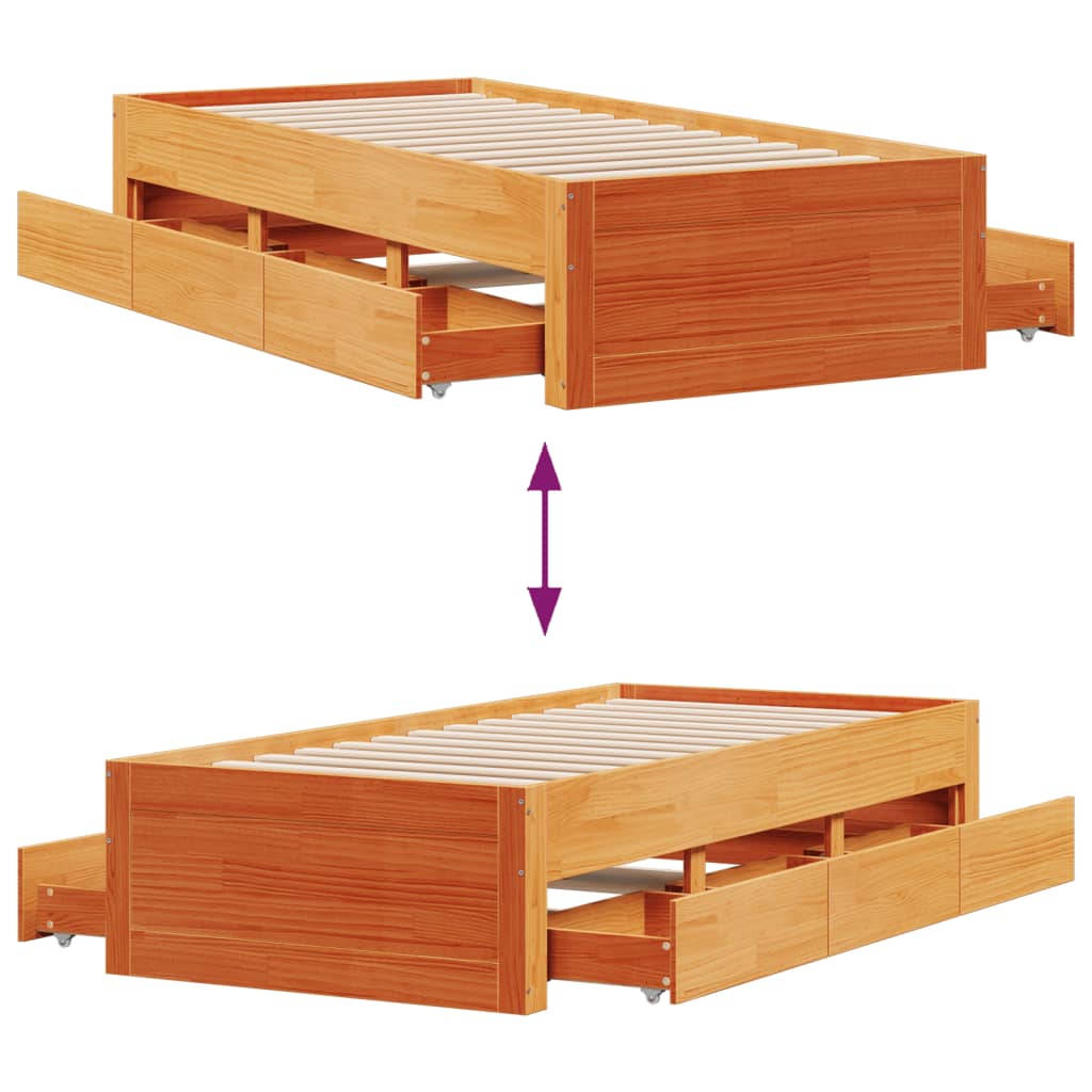 Bed Frame without Mattress with Drawers Wax Brown 75x190 cm Small Single Solid Wood Pine