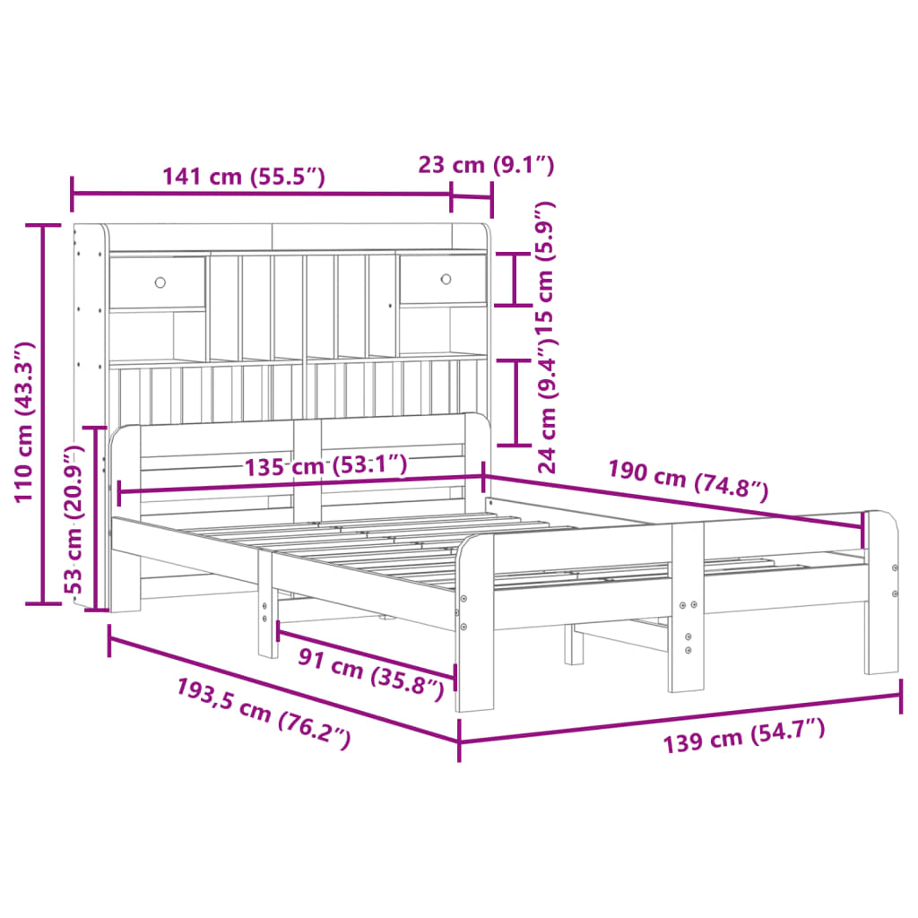 Bookcase Bed without Mattress White 135x190 cm Double Solid Wood Pine