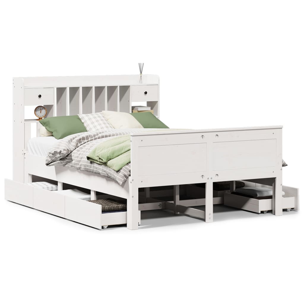 Bookcase Bed without Mattress White 150x200 cm King Solid Wood Pine