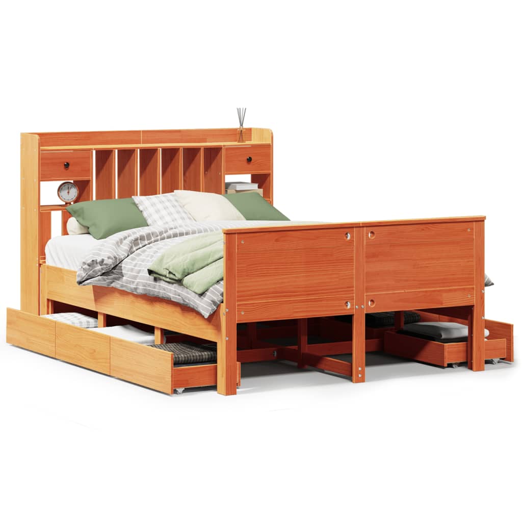 Bookcase Bed without Mattress Wax Brown 150x200 cm King Solid Wood Pine