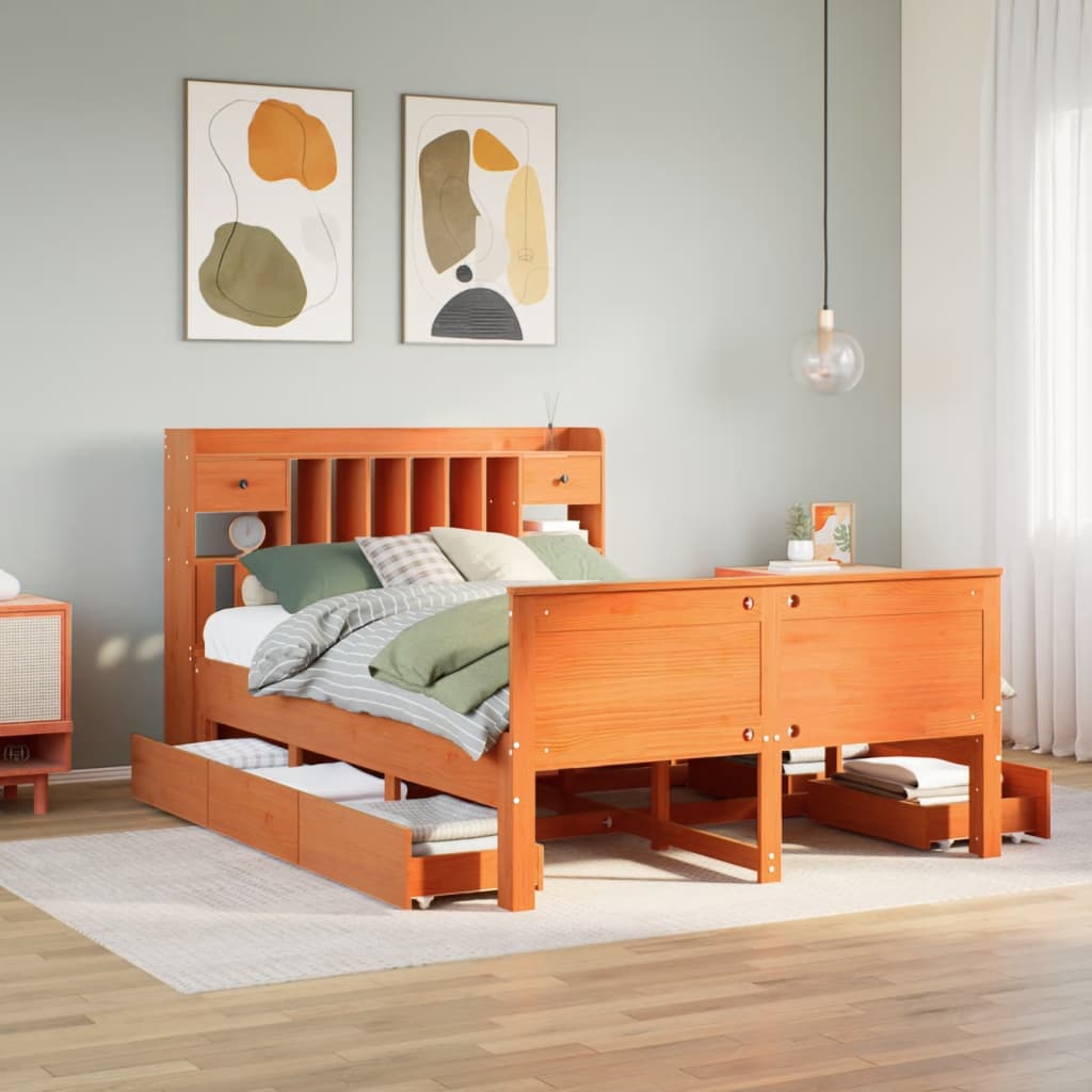 Bookcase Bed without Mattress Wax Brown 150x200 cm King Solid Wood Pine