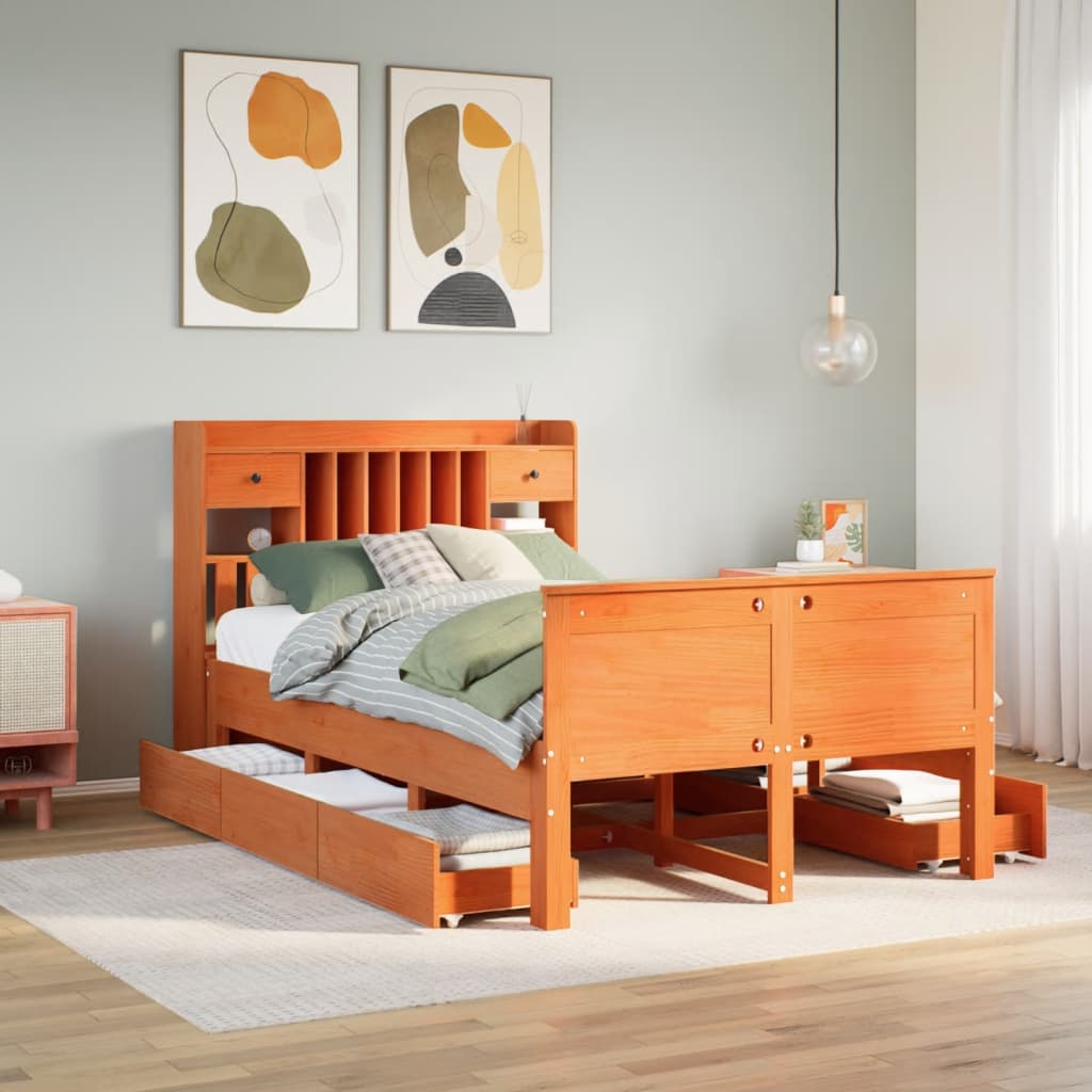 Bookcase Bed without Mattress Wax Brown 135x190 cm Double Solid Wood Pine